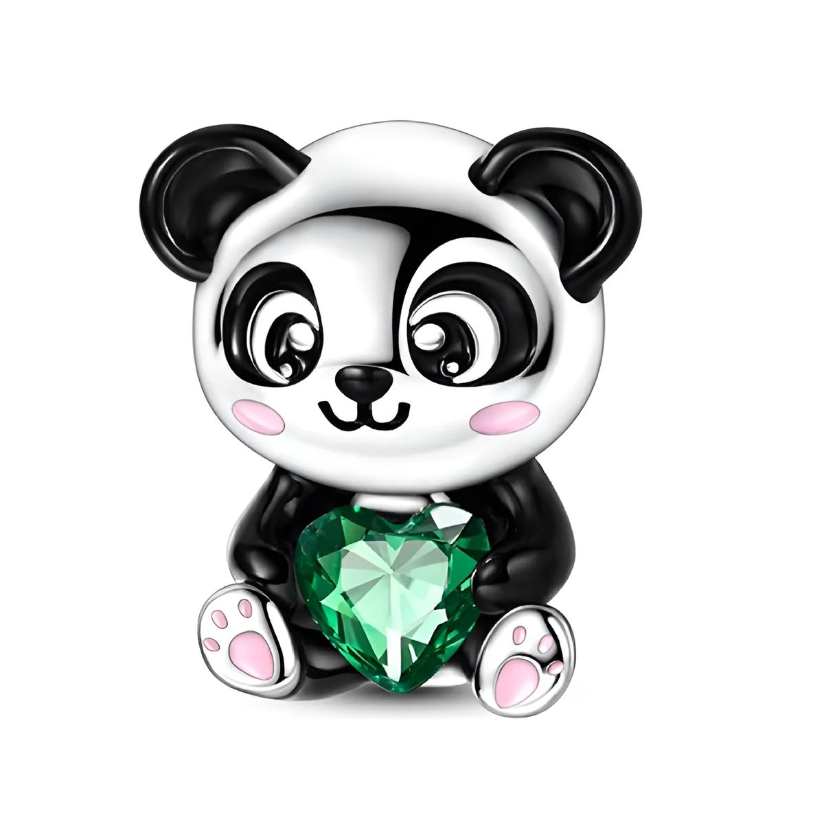 SILVER HEART - Charm Oso Panda con Corazón Verde en Plata Fina 925 SILVER HEART