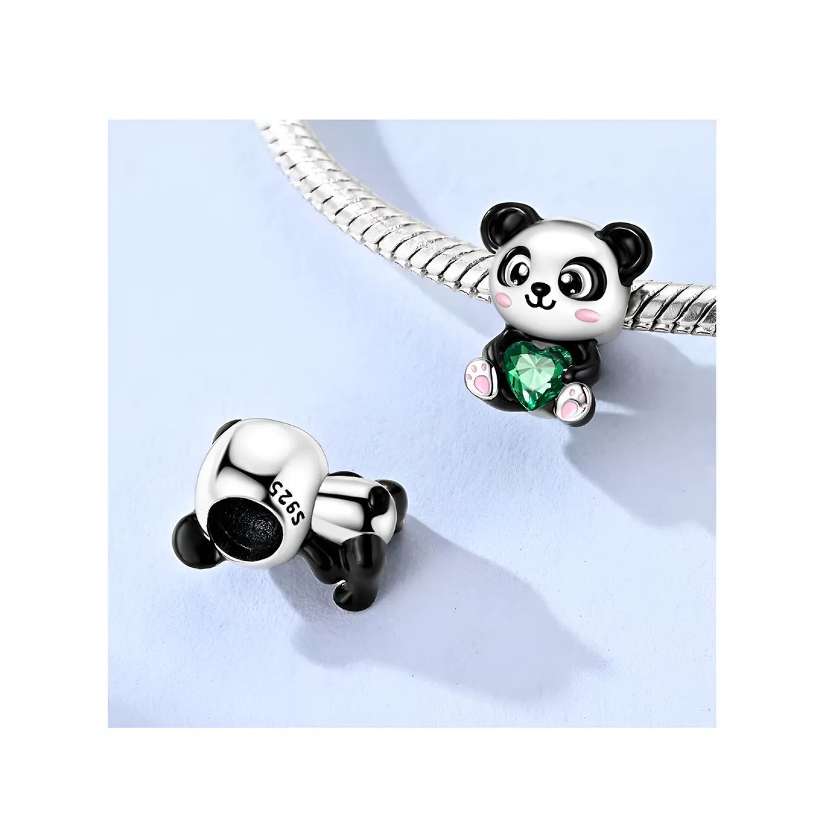 SILVER HEART - Charm Oso Panda con Corazón Verde en Plata Fina 925 SILVER HEART