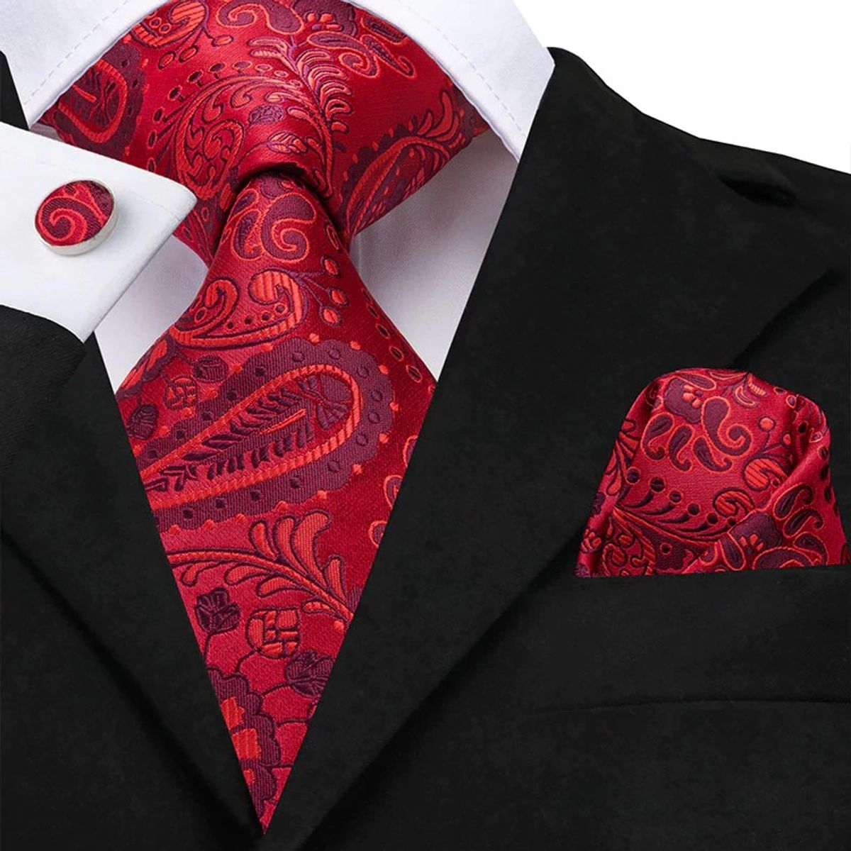 L LUXHER - Set Corbata Pañuelo Y Colleras Seda Lujo Hi-tie Mod Flores