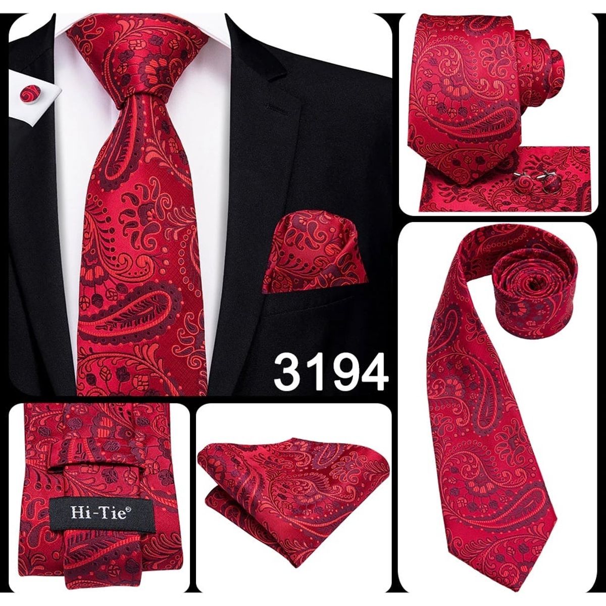 L LUXHER - Set Corbata Pañuelo Y Colleras Seda Lujo Hi-tie Mod Flores