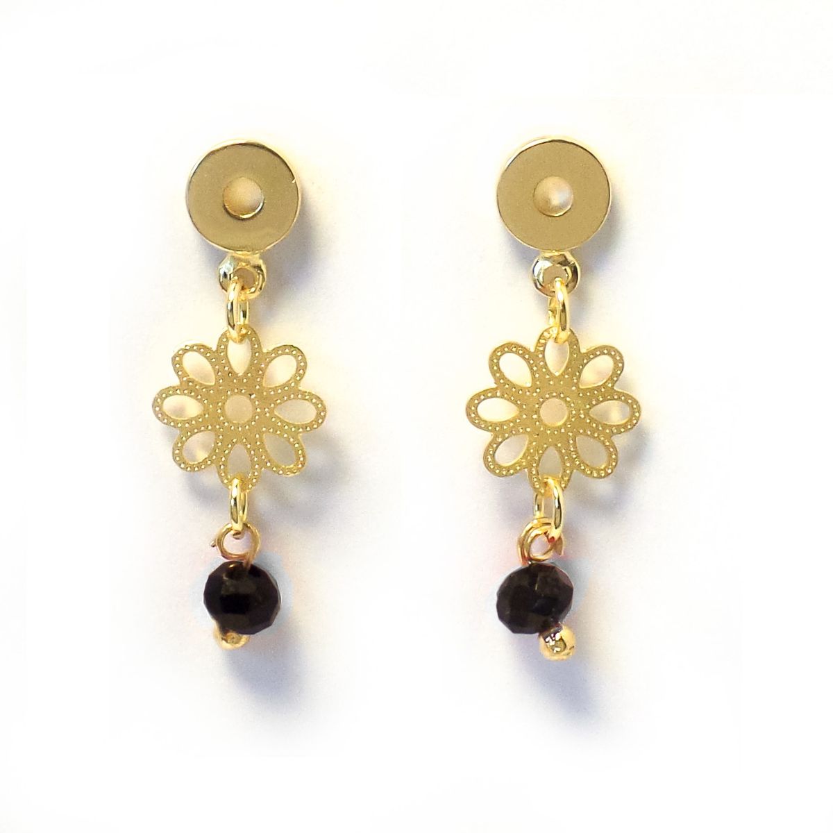 COGGIOLA - Aros Flor Calada Cristal Negro Enchapado Oro 18K