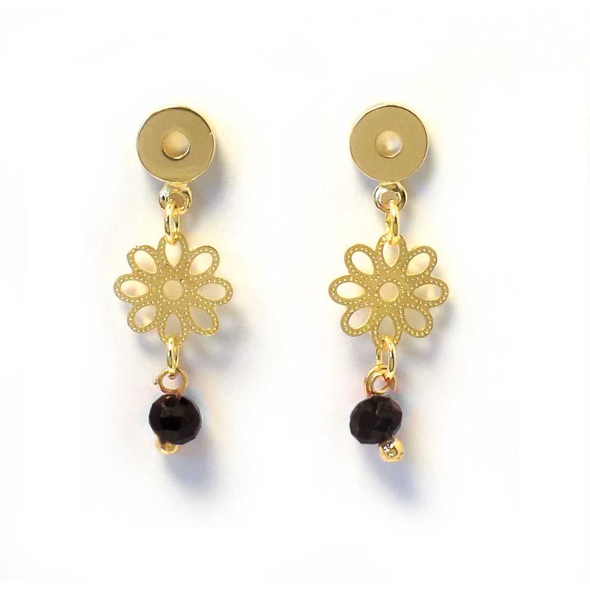 COGGIOLA - Aros Flor Calada Cristal Negro Enchapado Oro 18K