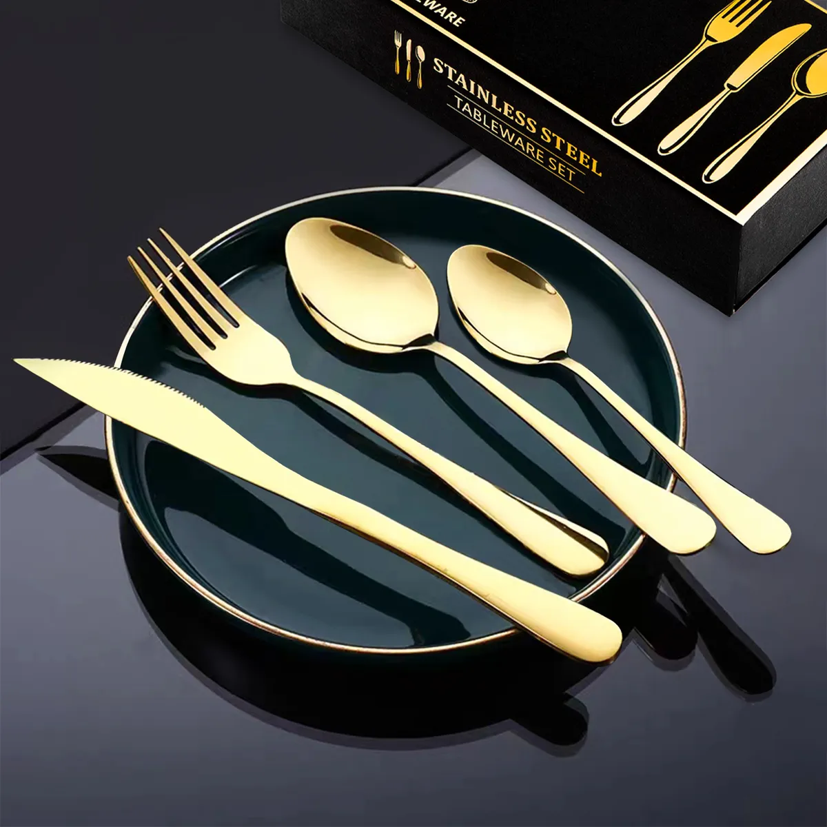 VIDITA - Set Cuchillería 48 Piezas Cubiertos Acero Inoxidable Dorado-