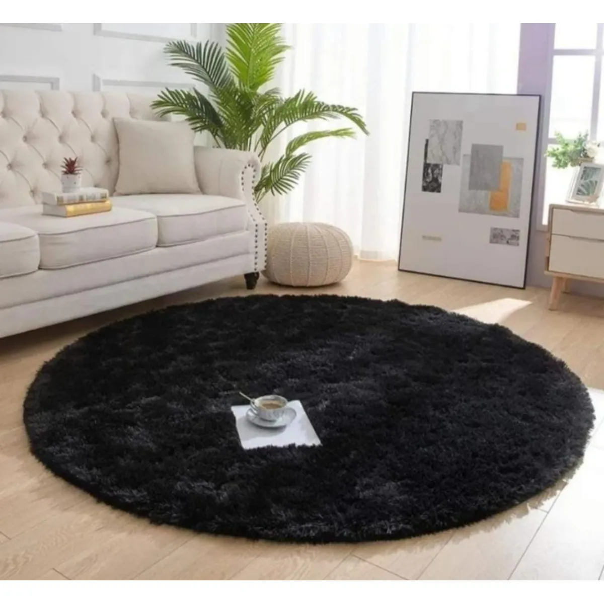 GENERICO - Alfombra Redonda Tipo Shaggy - Color Negro