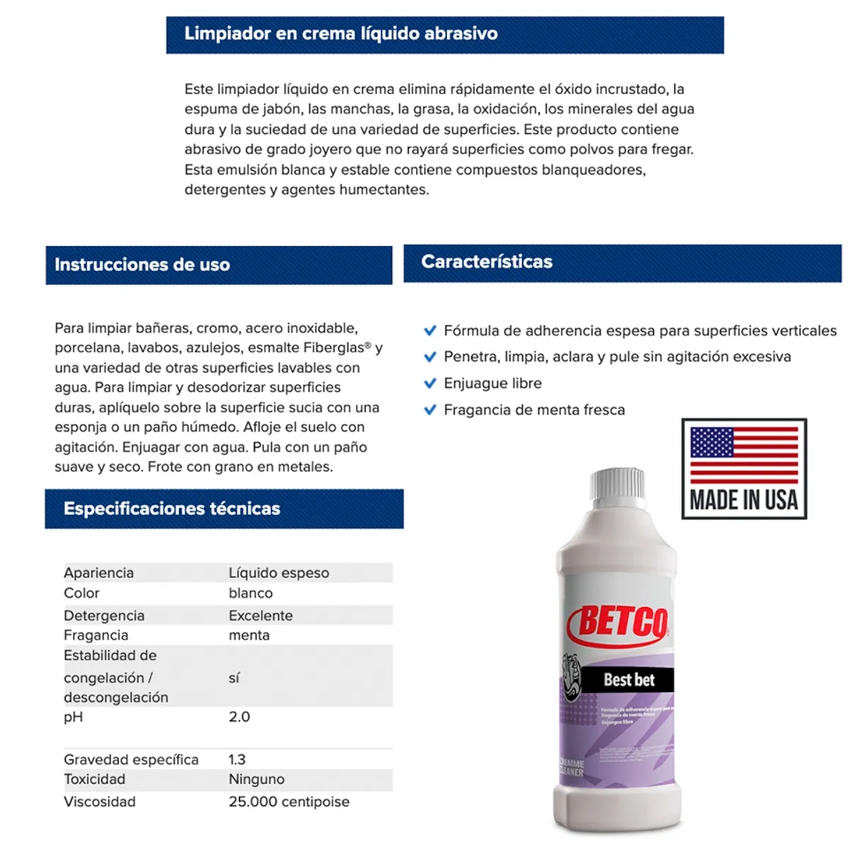 BETCO - Limpiador Para Baños Abrasivo En Crema 946ml Betco