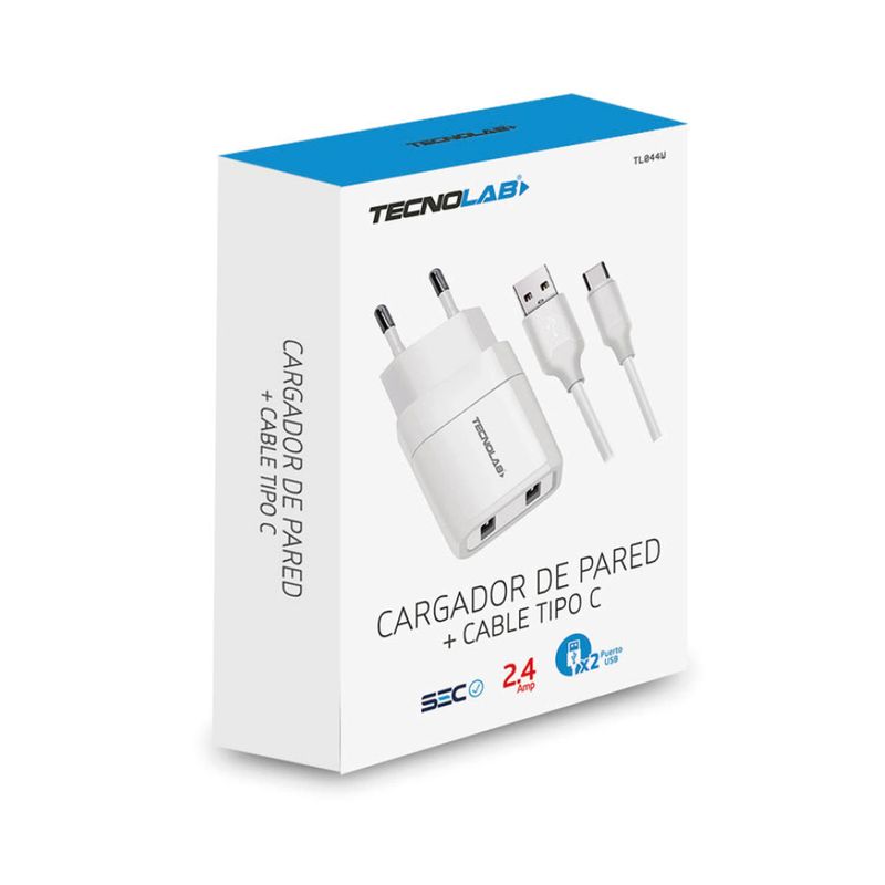 TECNOLAB - Cargador Tecnolab Doble USB 2.4A Con Cable Tipo C