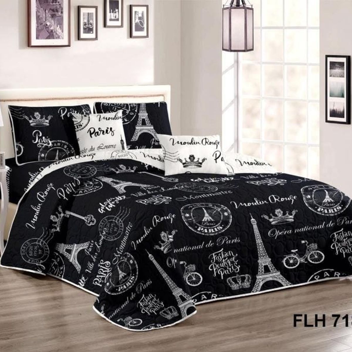 GENERICO - Cobertor tipo Quilts de Verano con Juego de Sabanas King - Paris Negro