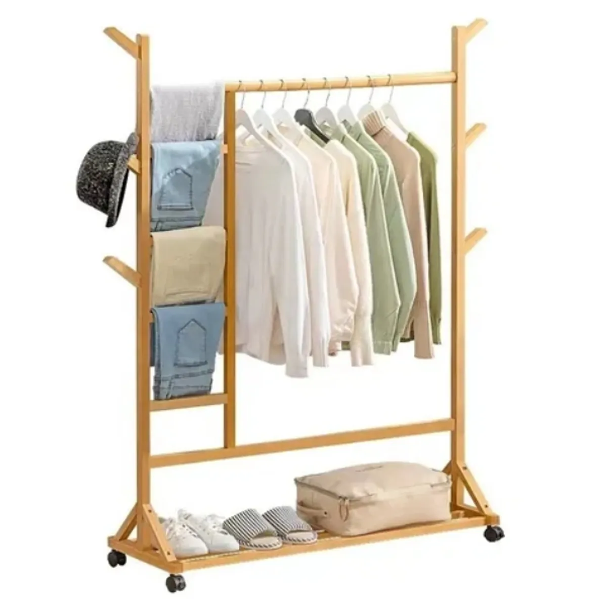 CRUSEC - Perchero 100 Cm Bamboo Claro Con Ruedas Organizador