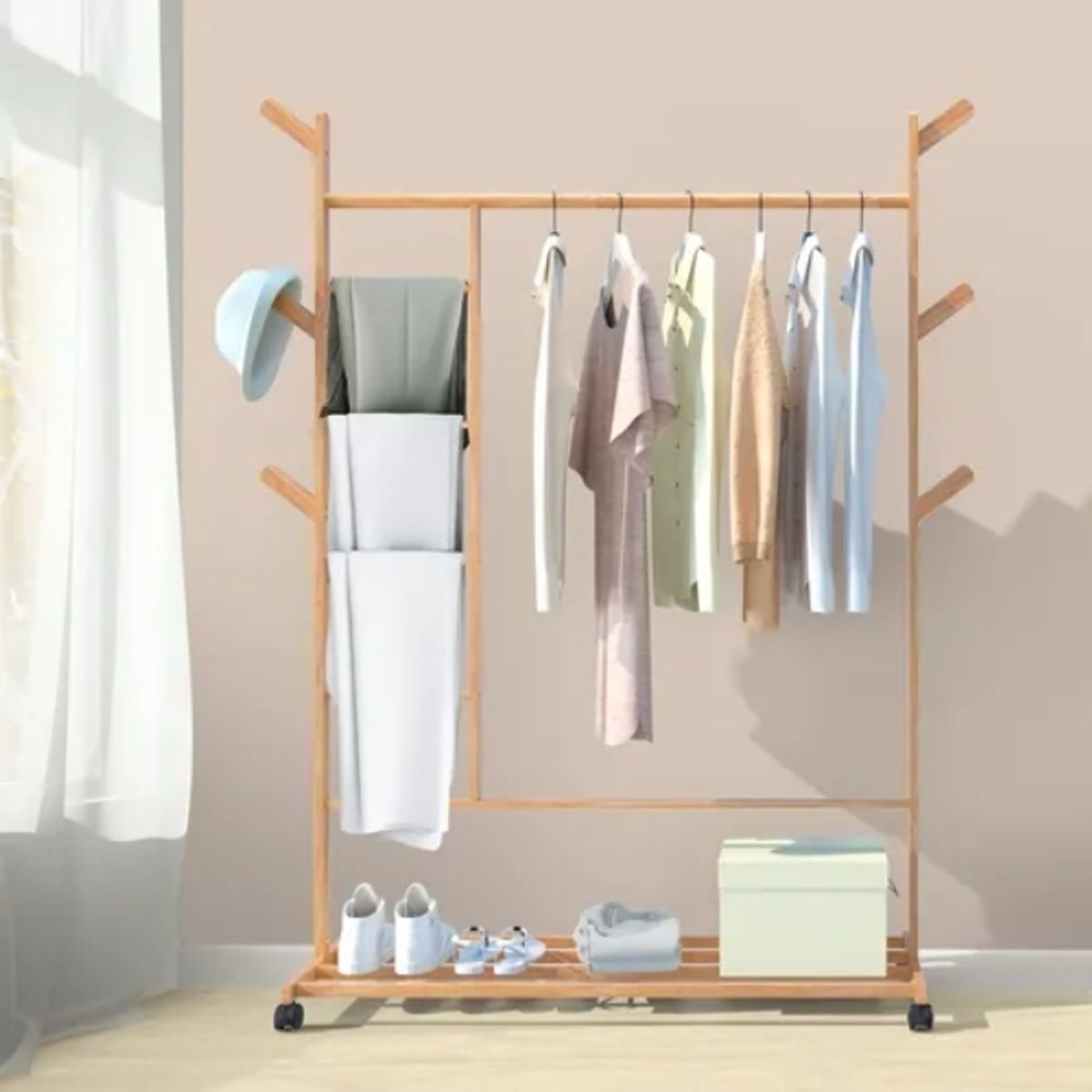 CRUSEC - Perchero 100 Cm Bamboo Claro Con Ruedas Organizador