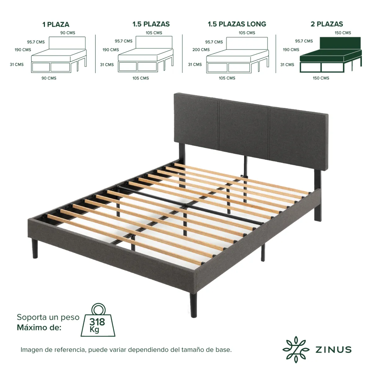 ZINUS - Base de cama CAMBRIL con respaldo Zinus 2 plazas150x190x30cm