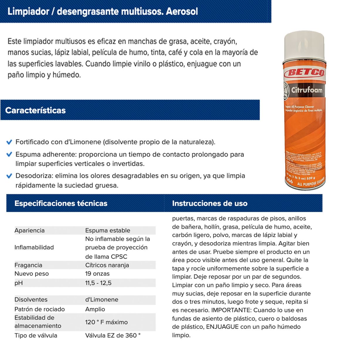 BETCO - Desengrasante En Aerosol Multiuso Citrufoam
