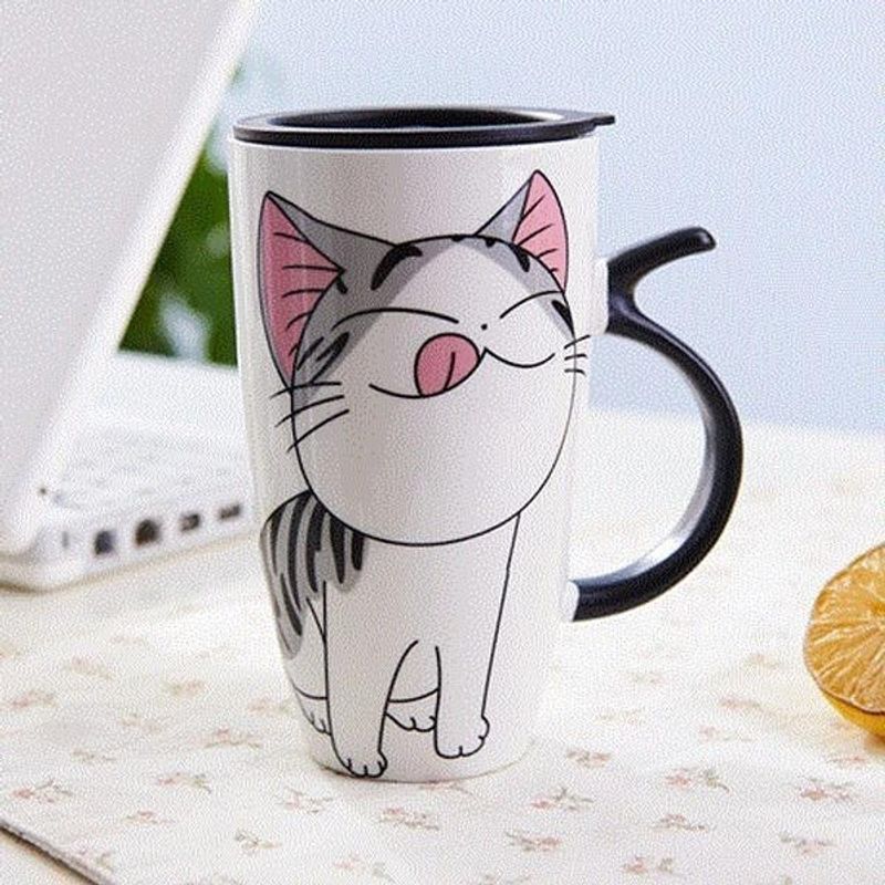 GENERICO - Taza De Gato Chi Mug Con Tapa Boquilla Cuchara Bombilla Mod D Lengua