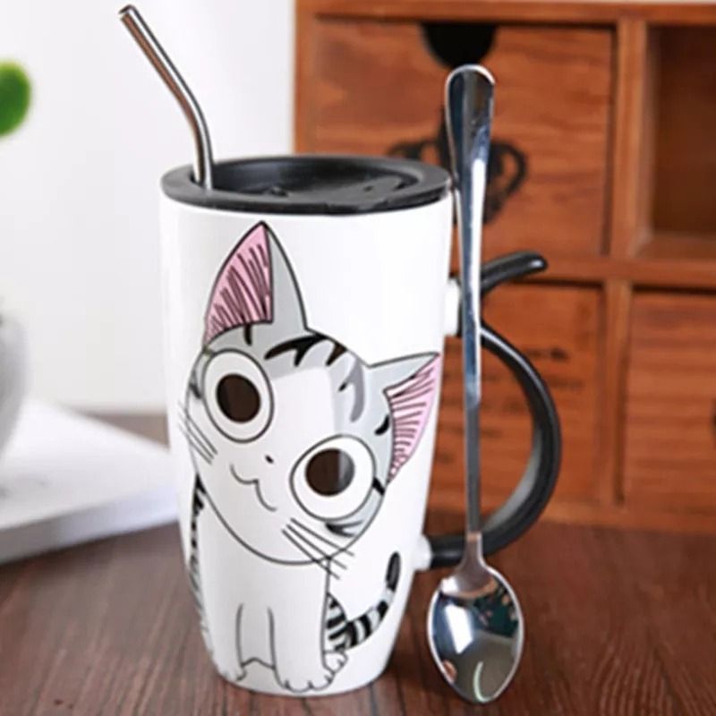 GENERICO - Taza De Gato Chi Mug Con Tapa Boquilla Cuchara Bombilla Mod C