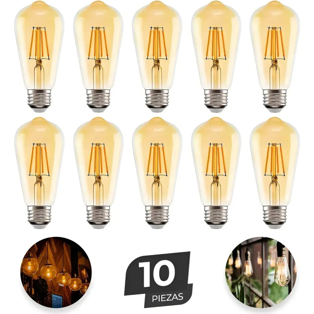 GENERICO - Bombillos Vintage Filamento LED 10x E27 Decoración  Luz Cálida 4w FIGOIMPORT