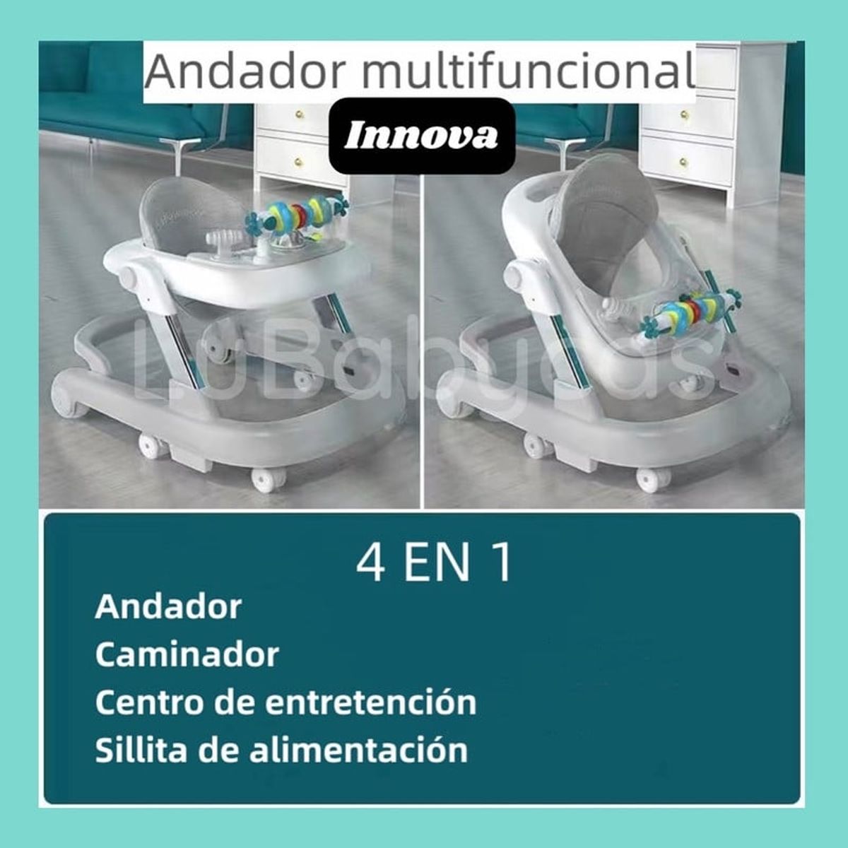 LUBABYCAS - Andador Caminador Multifuncional 4 En 1 Lubabycas Gris