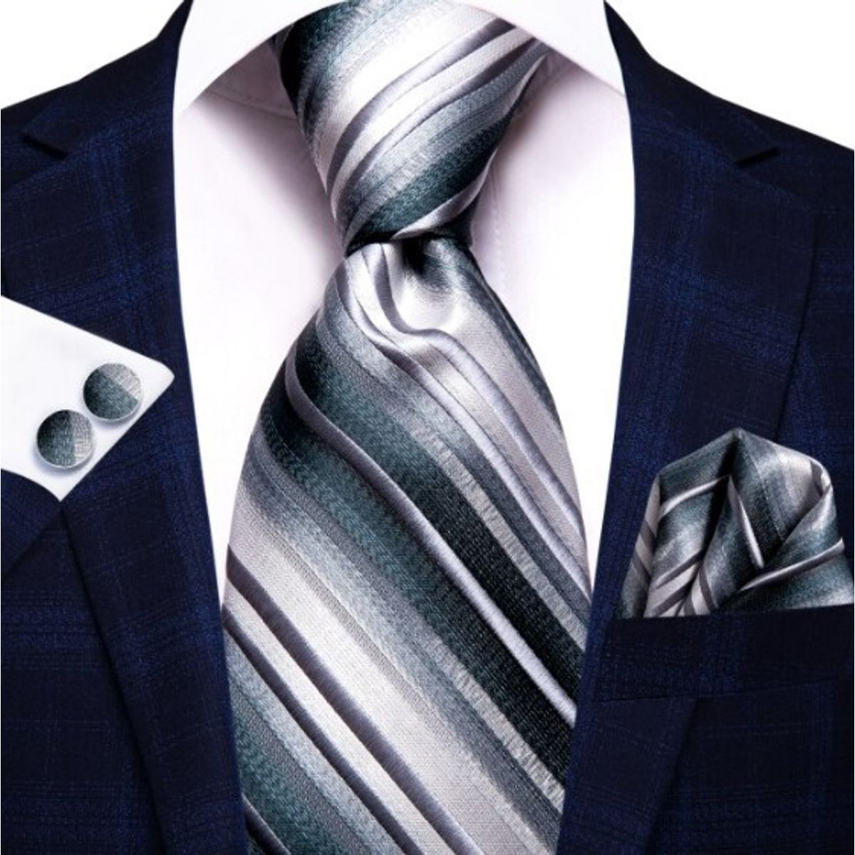 L LUXHER - Set Corbata Pañuelo Y Colleras Seda Lujo Hi-tie Mod Líneas