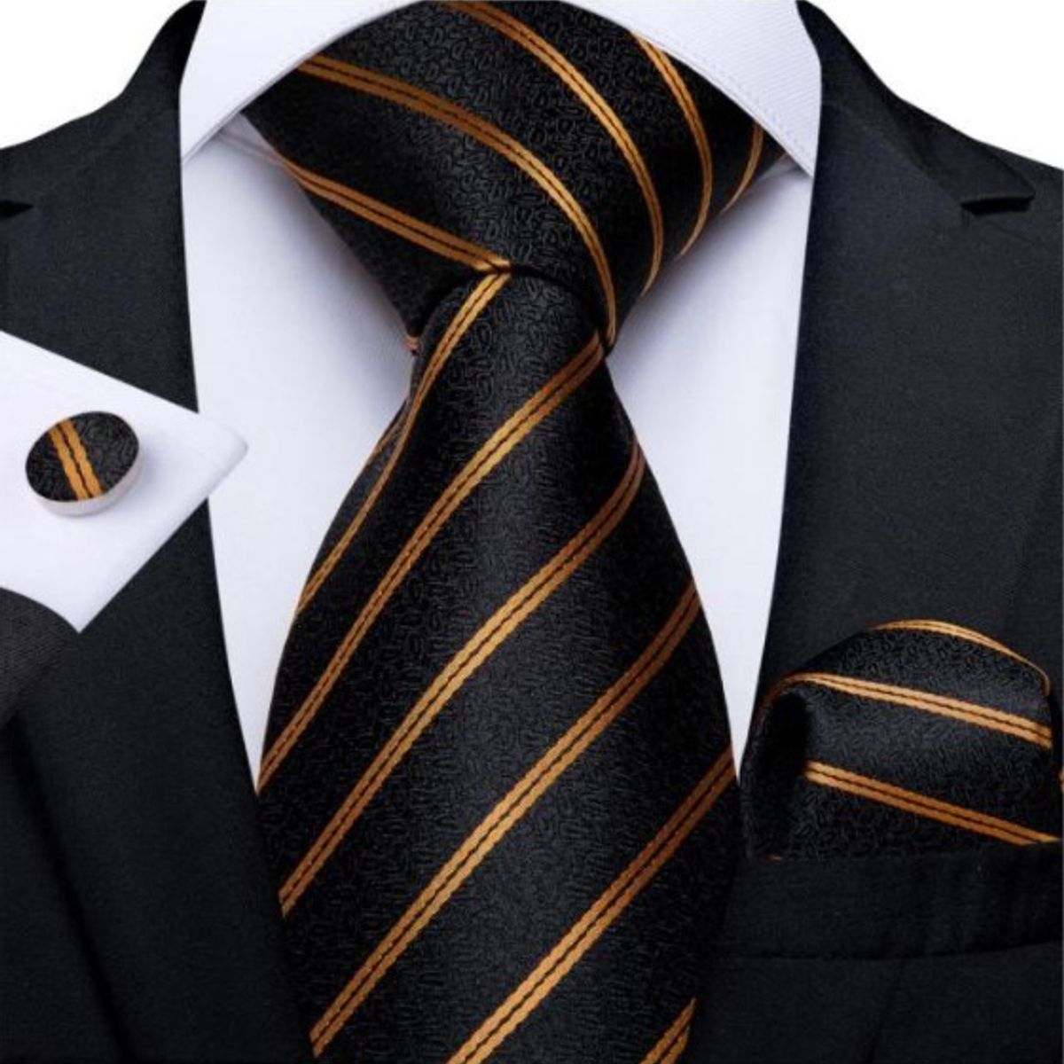 L LUXHER - Set Corbata Pañuelo Y Colleras Seda Lujo Hi-tie Mod Líneas