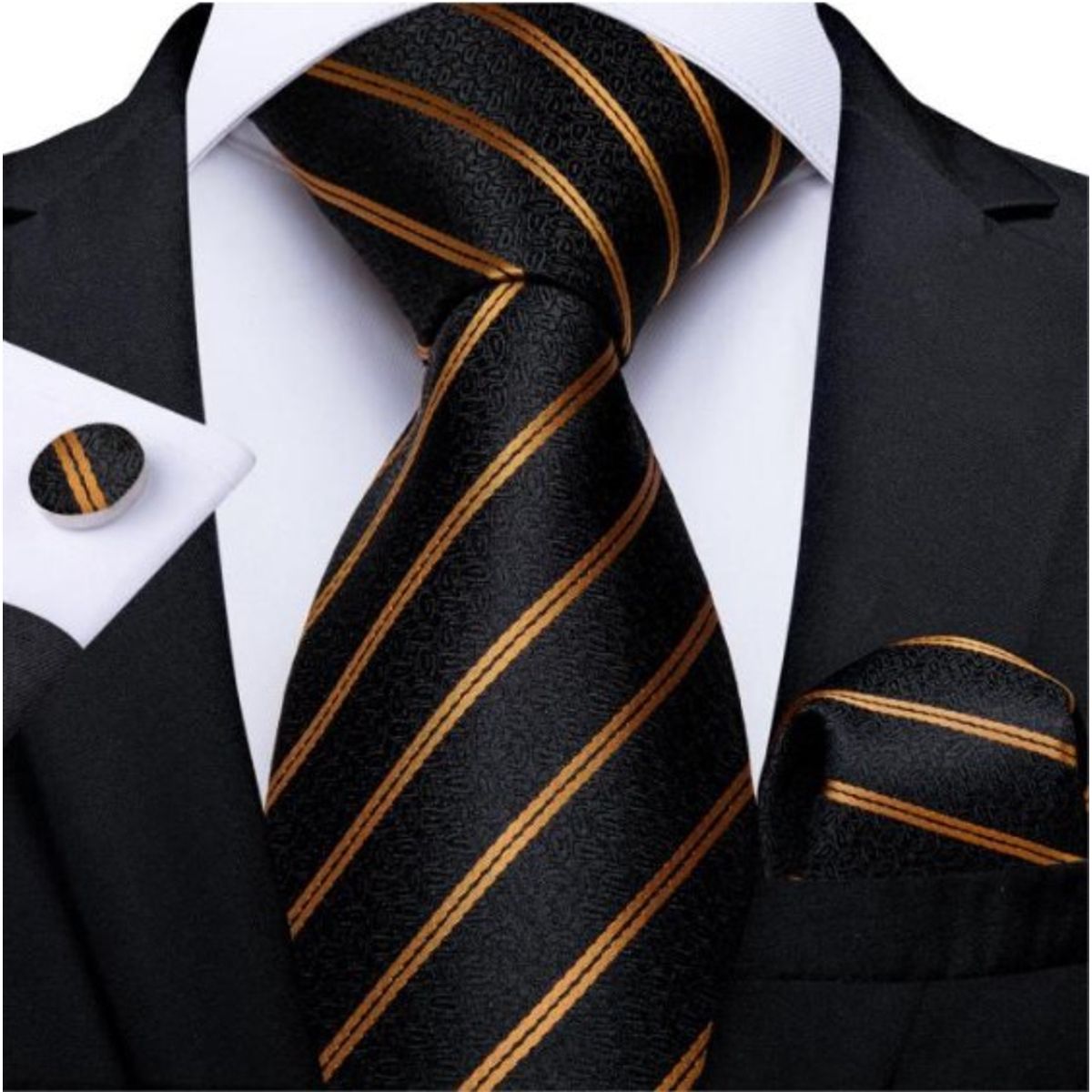 L LUXHER - Set Corbata Pañuelo Y Colleras Seda Lujo Hi-tie Mod Líneas