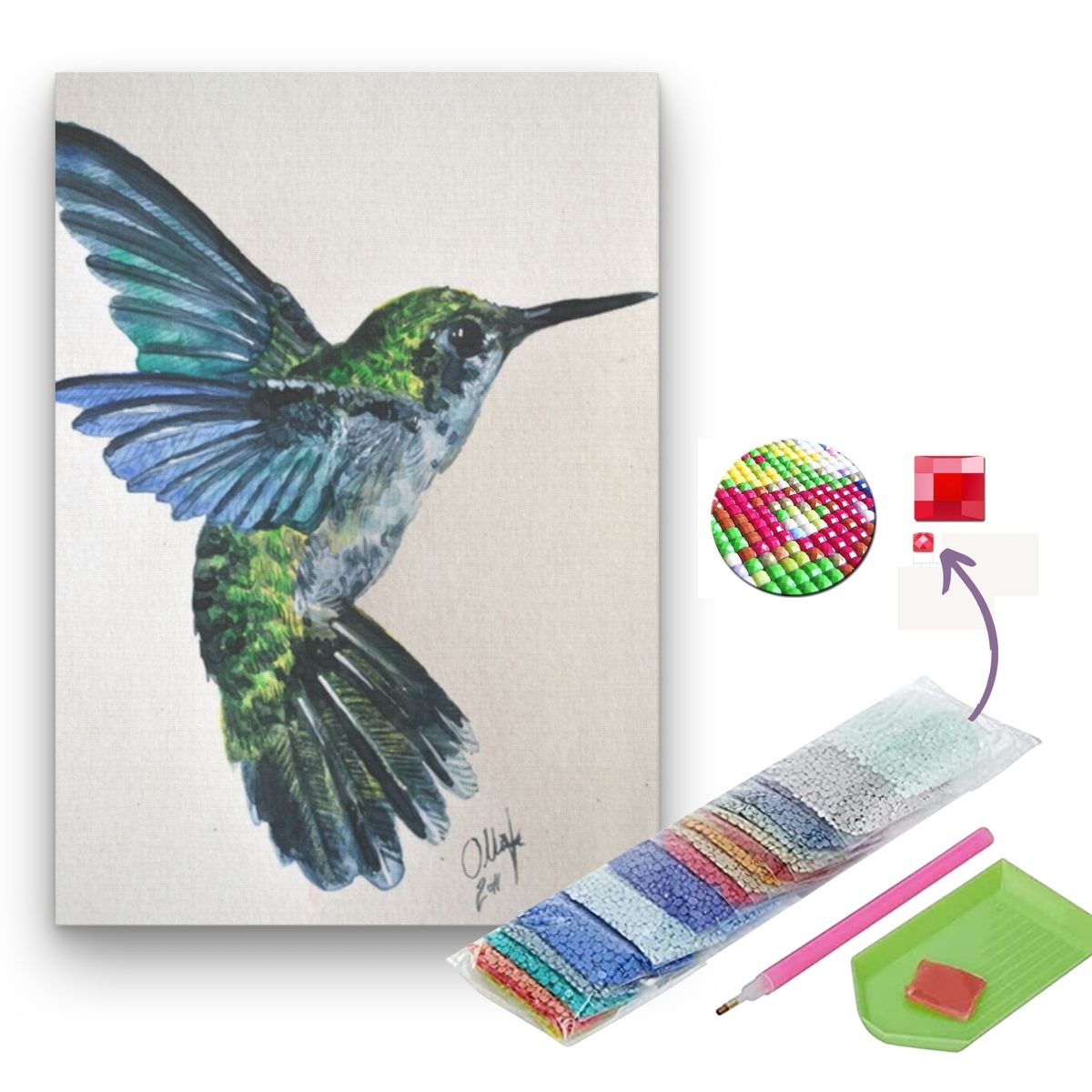 GENERICO - Pintura diamante Colibrí 25x35 cm - Diamantes cuadrados - Enmarcado