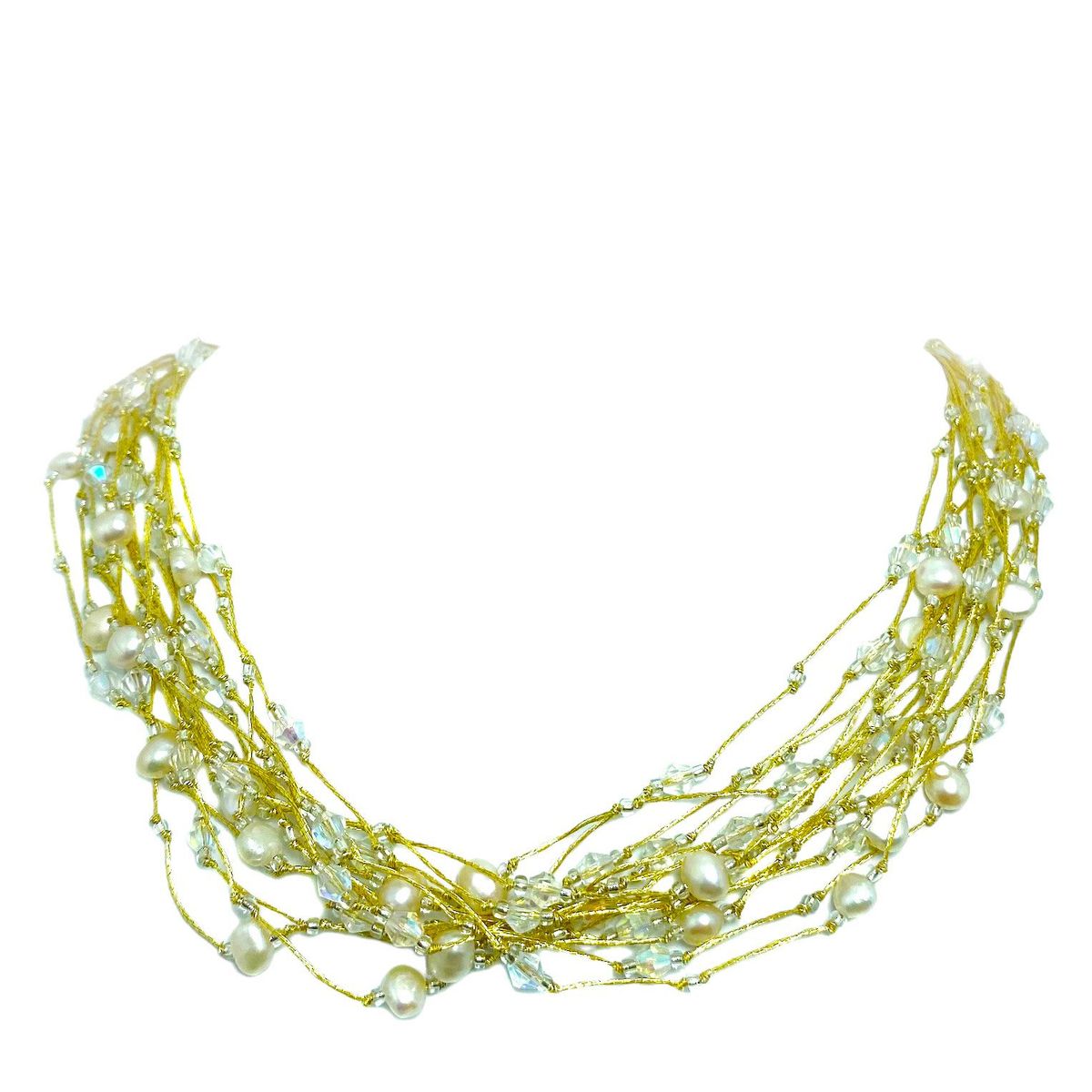 COGGIOLA - Collar Perla Río Blanca Cristal Hilo Seda Dorado