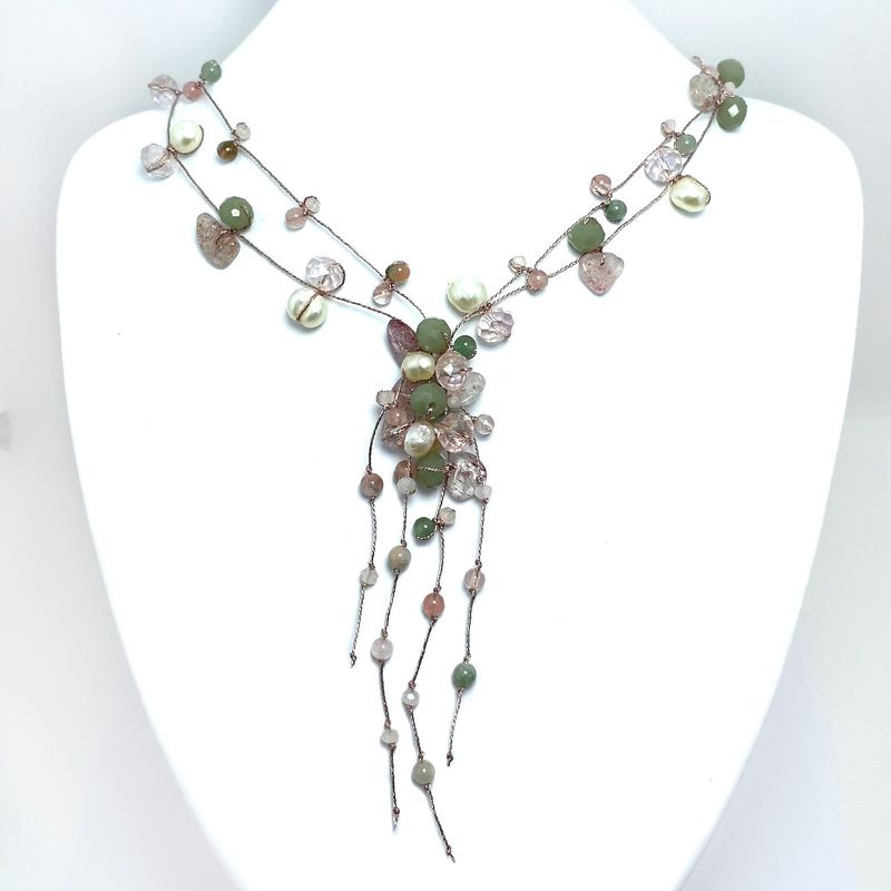 ANDREA COGGIOLA JOYAS - Collar Cuarzo Rosado Perla Río Cristal Hilo Seda
