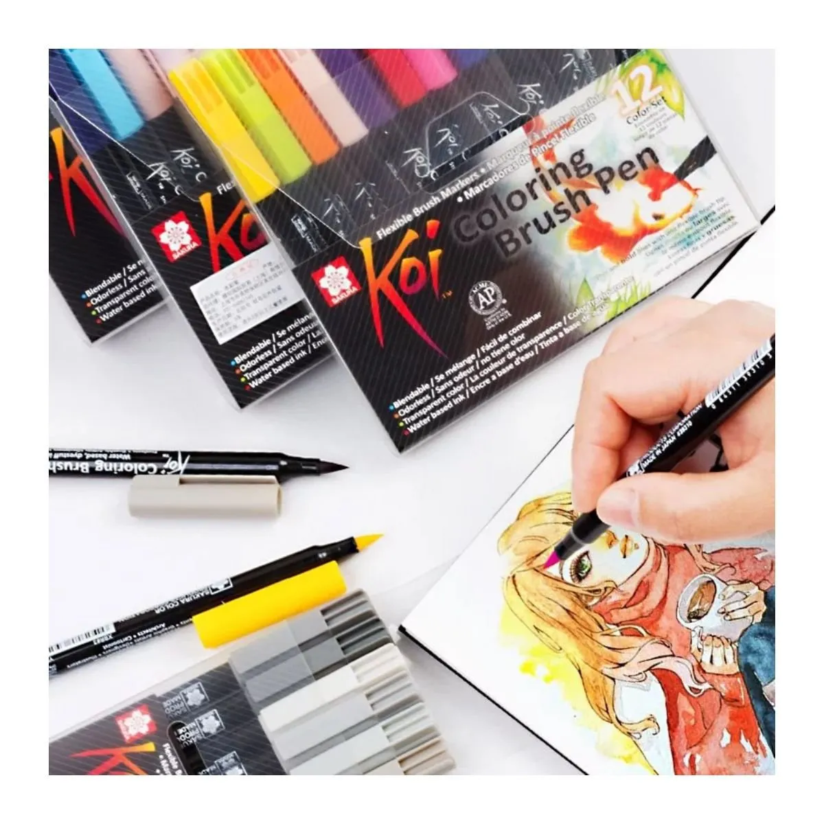 SAKURA - Set 6 Marcadores Acuarelables Koi Lettering Colores Básicos