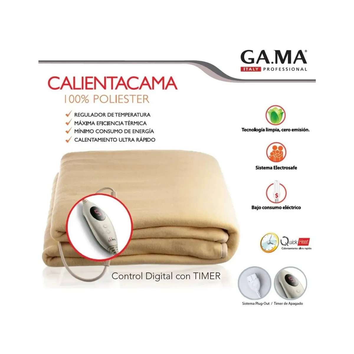 GAMA - Calienta Cama Gama 2 Plazas 100% Polyester Control Digital