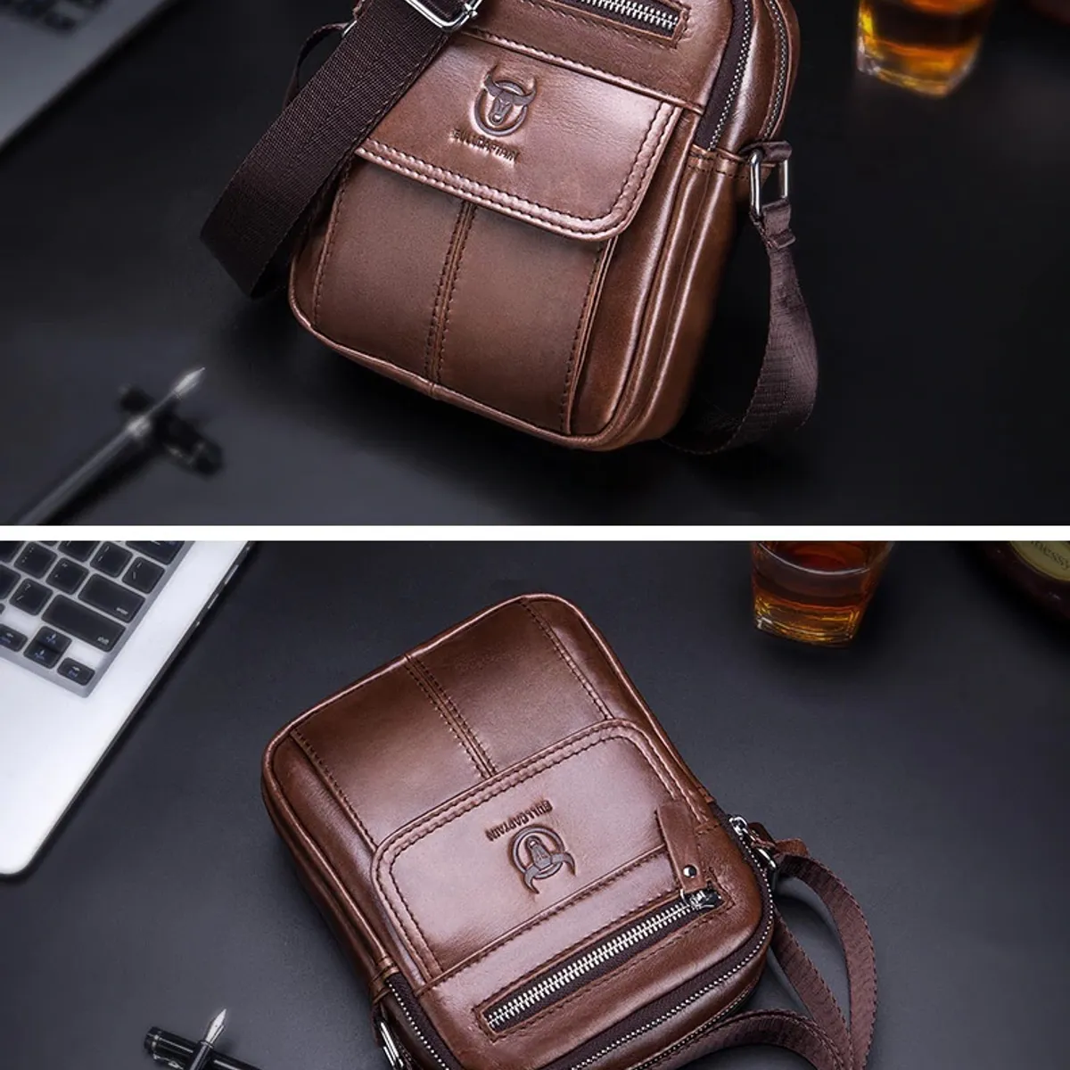 GENERICO - Bolso Bandolera Hombre Cuero Genuino Bull Captain Mod Deev