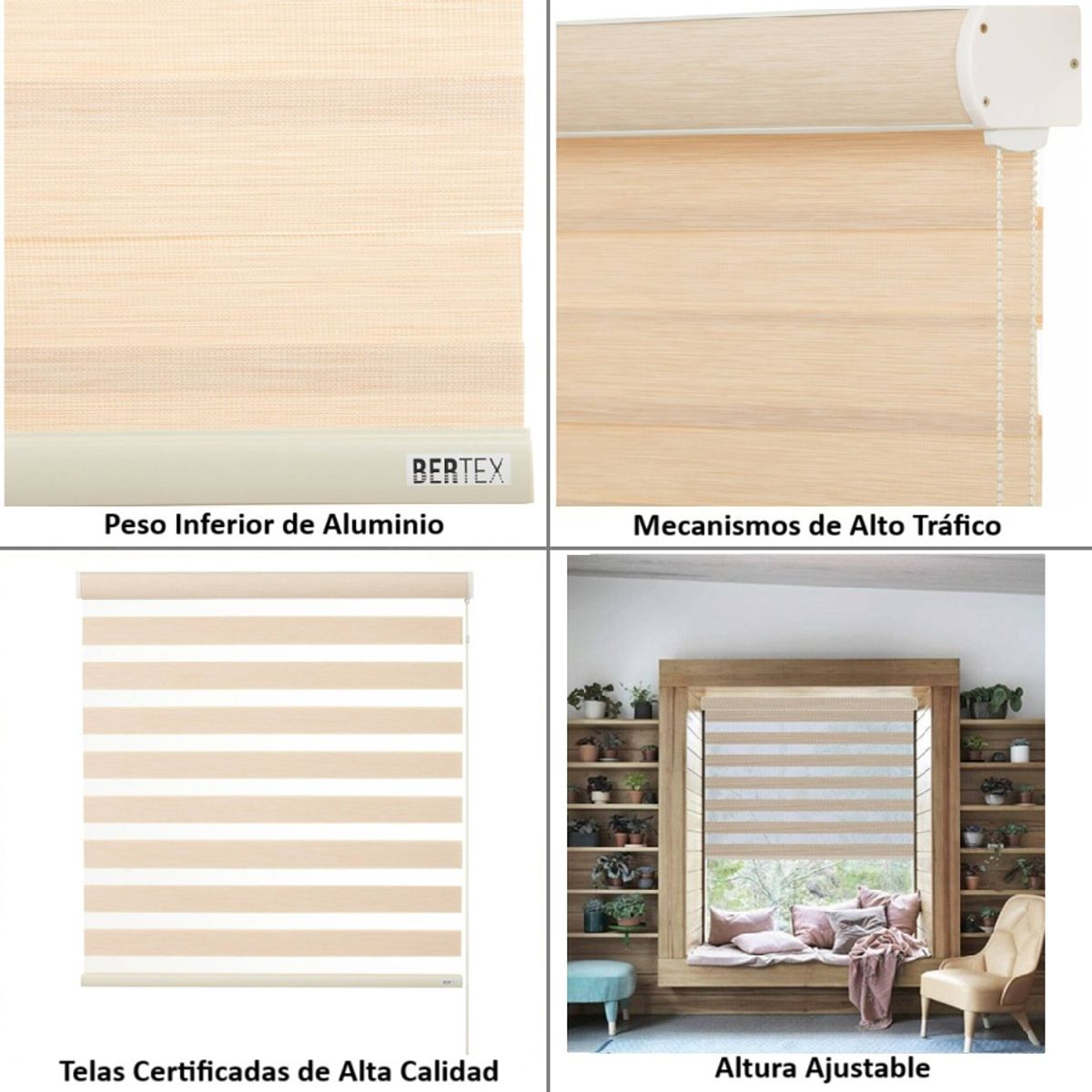 BERTEX - Roller Duo Traslúcido Beige Zebra 170x170 cm Persiana alto ajustable