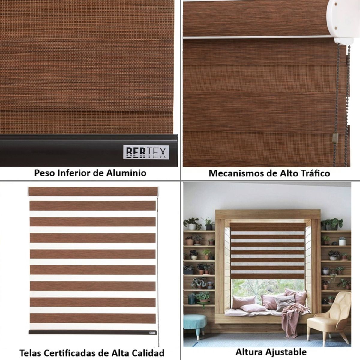 BERTEX - Roller Duo Traslúcido Café Zebra 85x235 cm Persiana alto ajustable