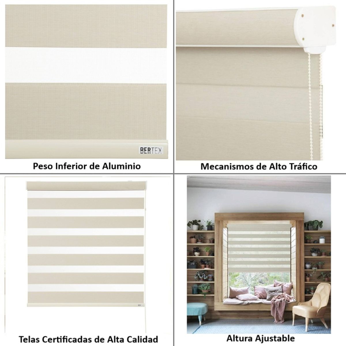 BERTEX - Roller Duo Blackout Zebra Día-Noche Beige 90x235 cm Altura ajustable