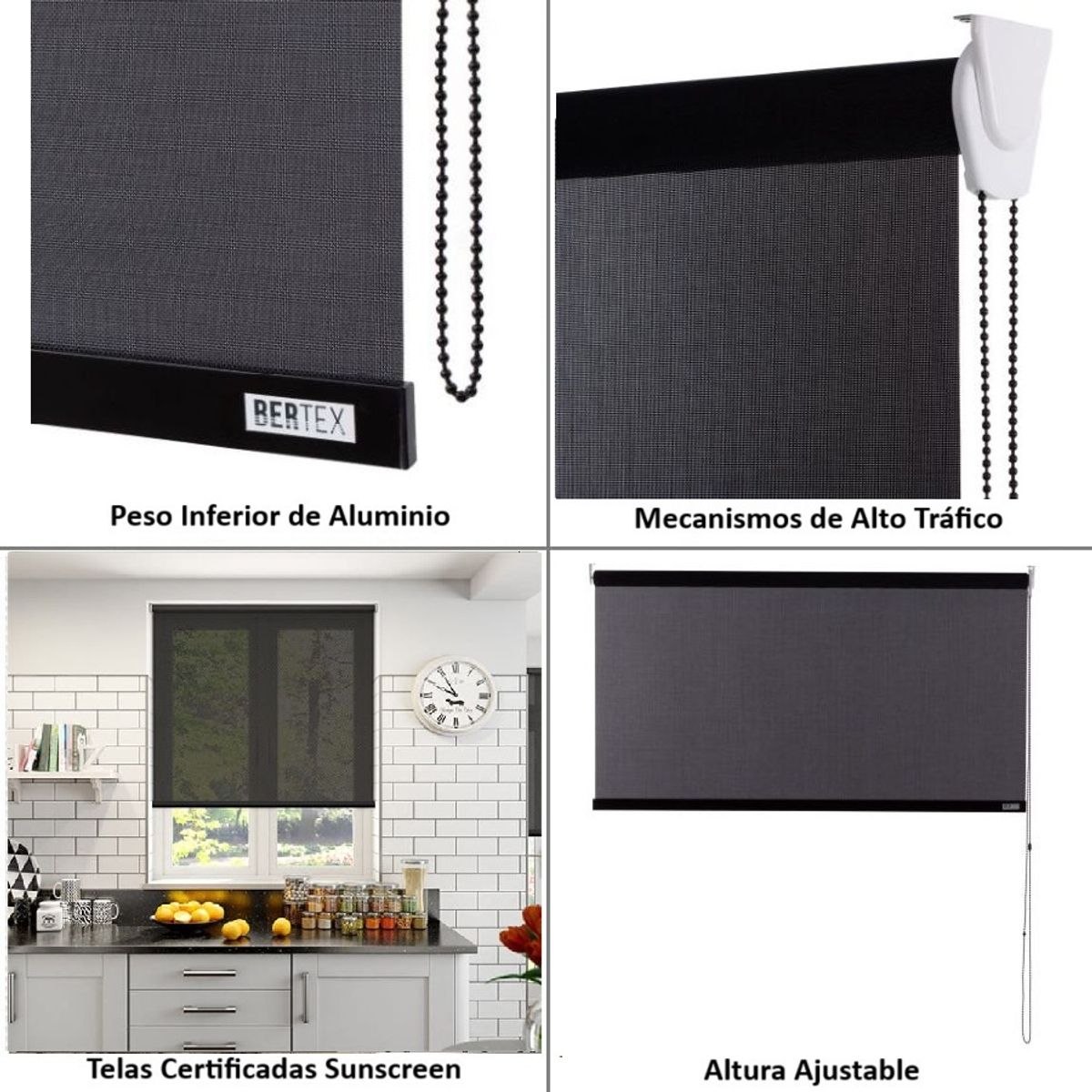 BERTEX - Cortina Roller Sunscreen Negra 210x170 cm Persiana de altura ajustable