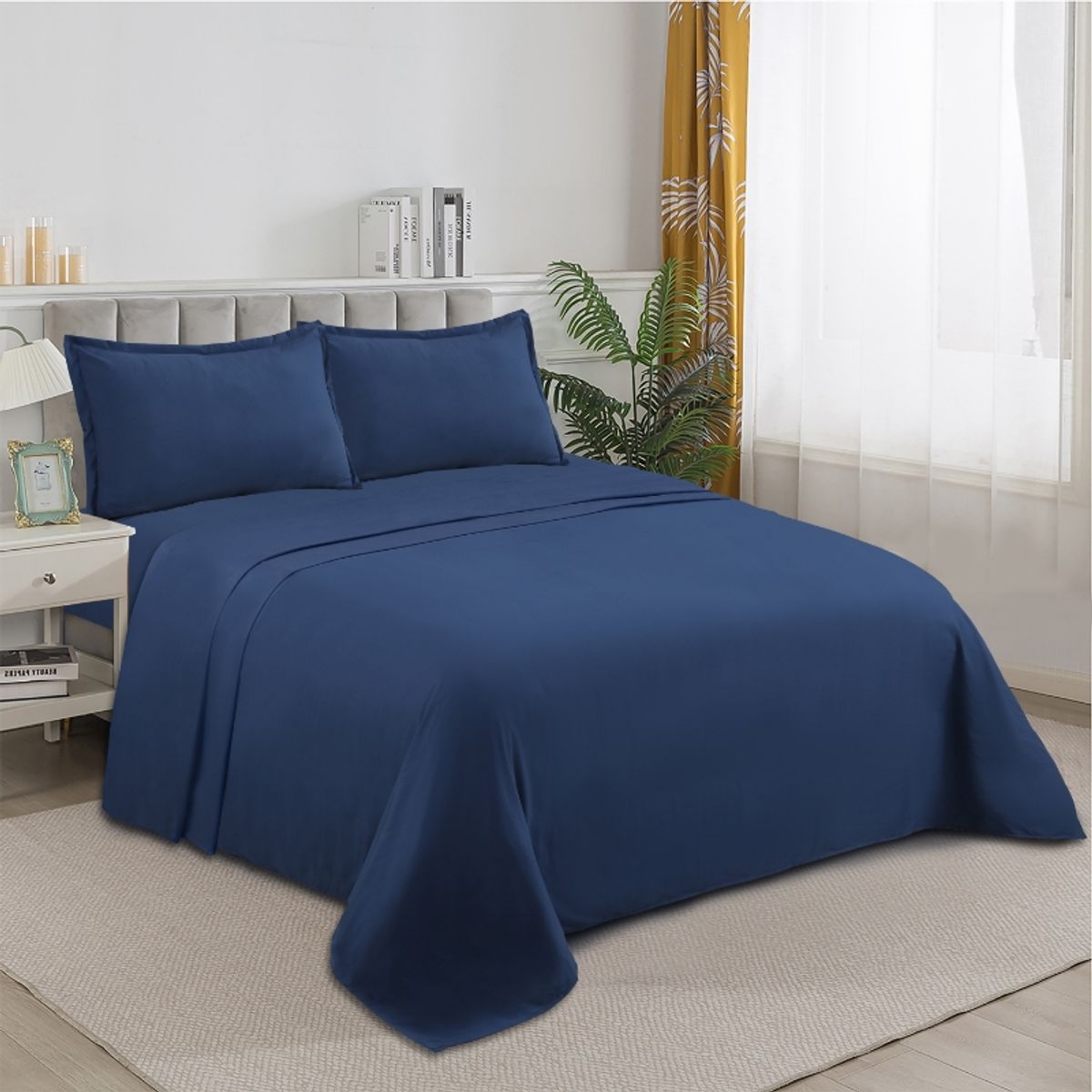 GENERICO - Sabanas 2 plazas + Fundas para Almohada - Color Azul Marino