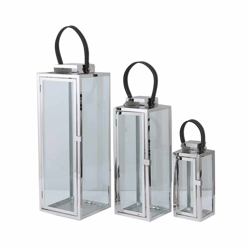 SOHOGAR - Set de 3 faroles de vidrio con asa de cuero