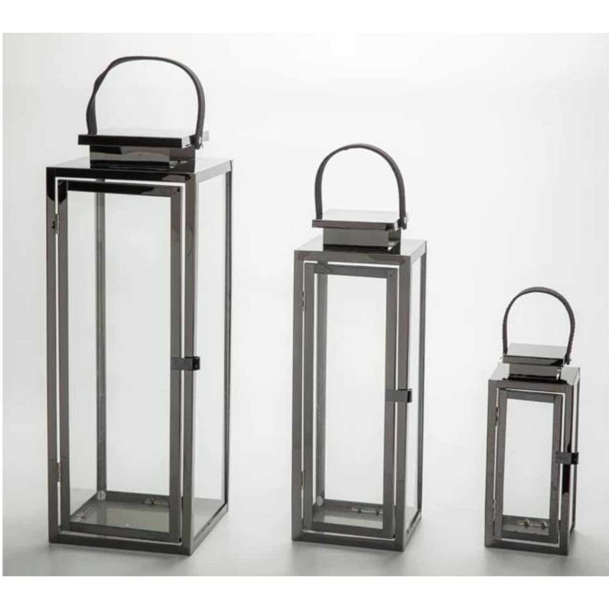 HOME ESSENTIALS - Set de 3 faroles de vidrio con asa de cuero