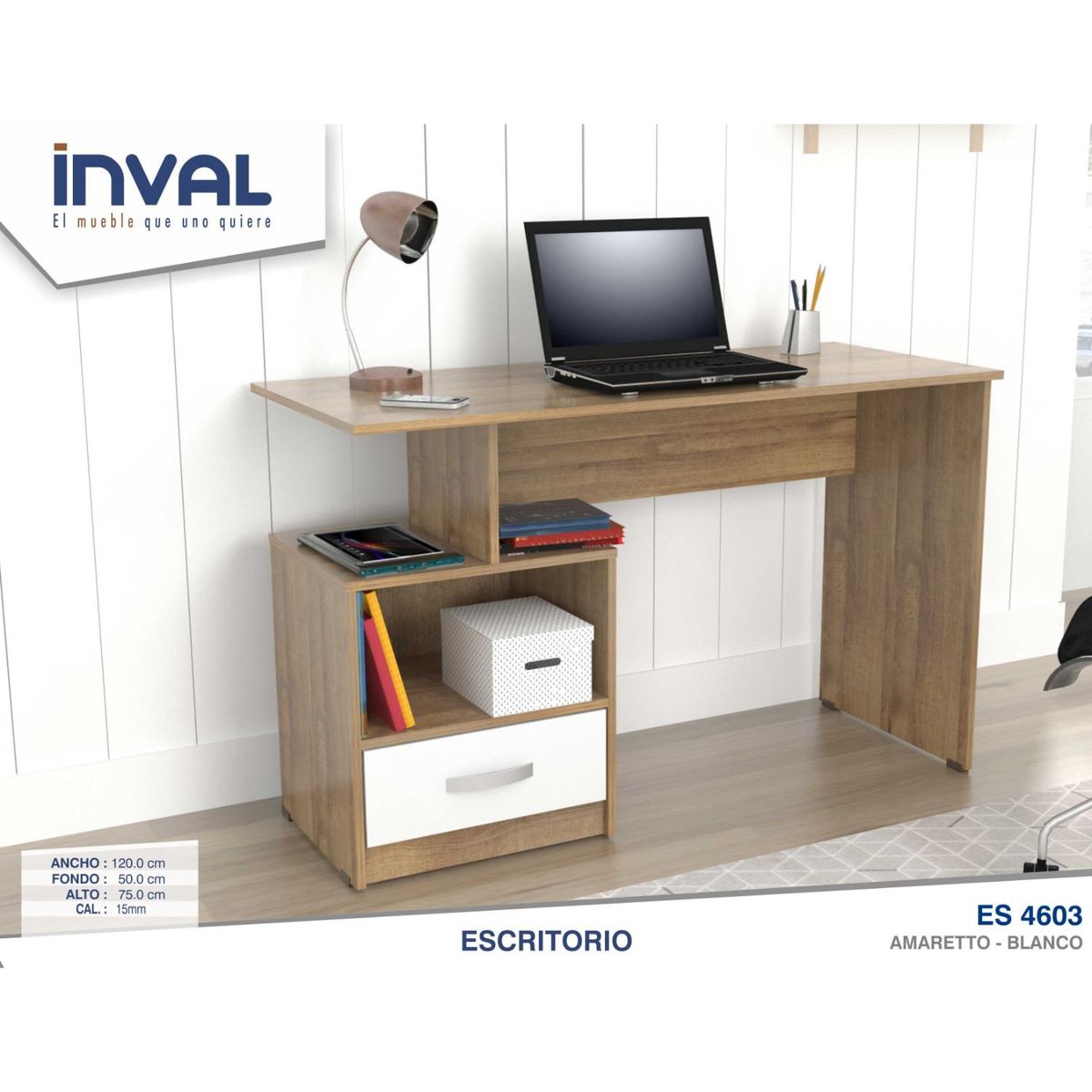 INVAL - Escritorio 1 cajón Amaretto Blanco 75cm x 120cm x 50 cm