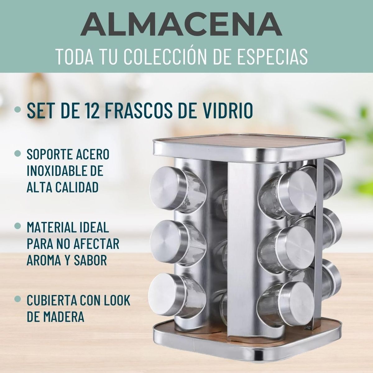 CASATUA - Especiero Cocina Giratorio 12 Condimentos Acero Inoxidable