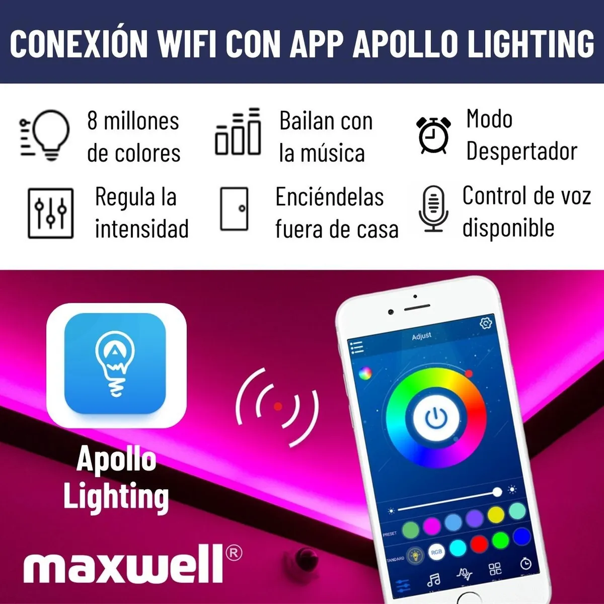 MAXWELL - Tira Cinta Luces Led Rgb Bluetooth 10 Metros Total +conector