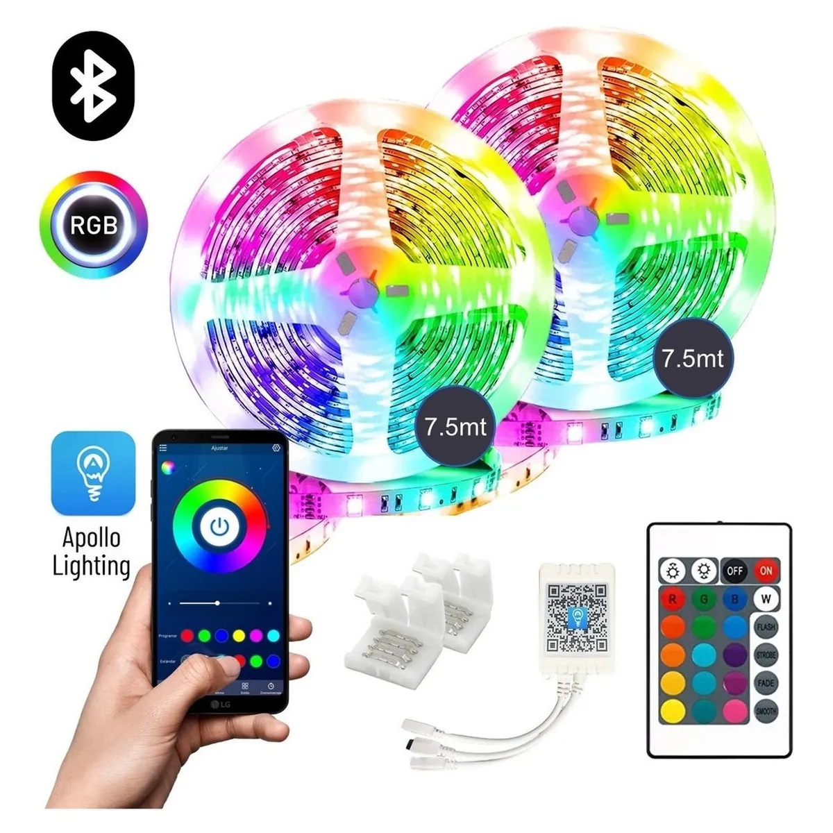 MAXWELL - Tira Cinta Luces Led Rgb Bluetooth 15 Metros Total +conector