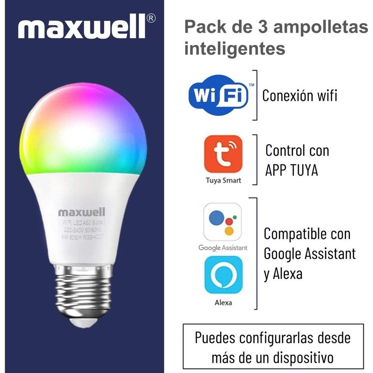 MAXWELL - Ampolletas Inteligentes Set X3 Maxwell E27 Wifi Tuya Rgb 9w