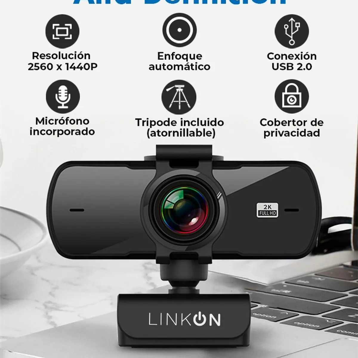 LINKON - Webcam Camara Web 2k 1440p Usb Microfono Tripode Cubre Lente
