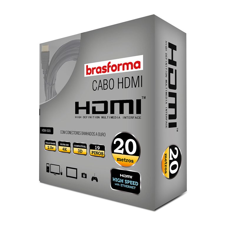 BRASFORMA Cable HDMI 20mts 20V 4K - 3D Ready ARC - HDR - HDMI5020