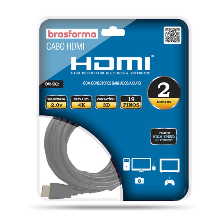 BRASFORMA Cable HDMI 2 metros 4k 2.0V 3D Ready ARC HDR - HDMI5002