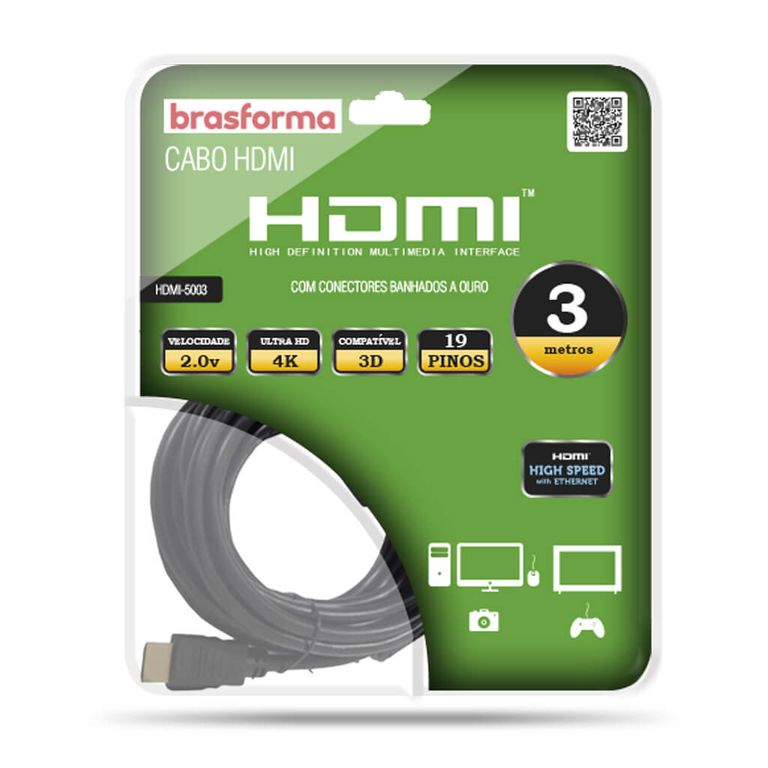 BRASFORMA Cable HDMI 3 metros 4k 2.0V 3D Ready ARC - HDR - HDMI5003