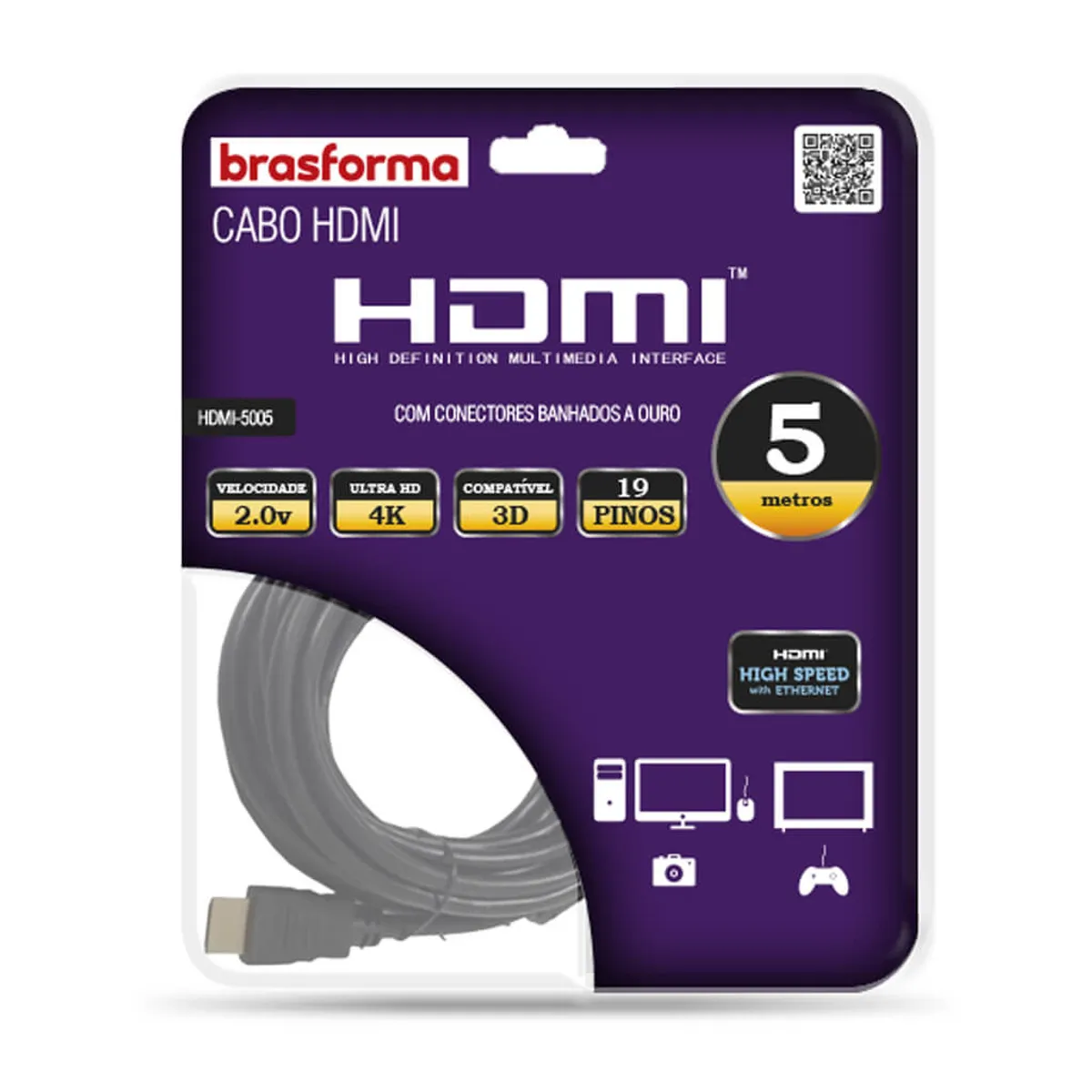 BRASFORMA - Cable HDMI 5mts -  20V 4K 3D Ready ARC HDR -  HDMI5005 Brasforma