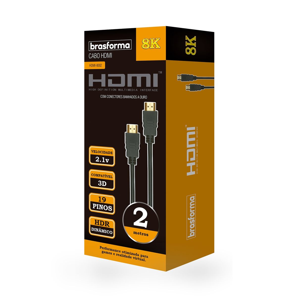 BRASFORMA - CABLE HDMI 2 Metros - 8K - 21V - 3D Ready - ARC HDMI8002 Brasforma