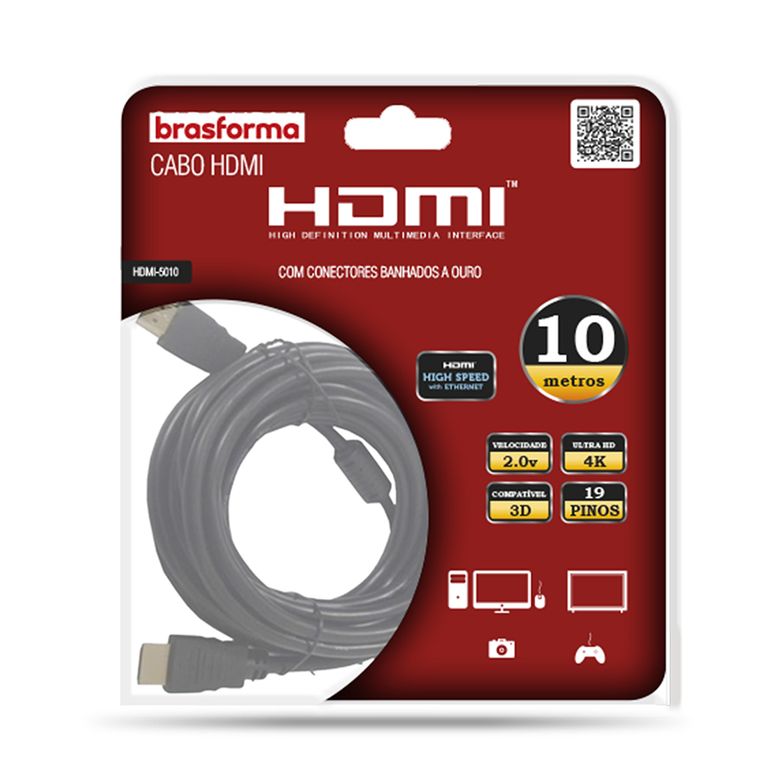 BRASFORMA Cable HDMI de 10mts - 4K - 3D Ready 2.0v - ARC - HDR - HDMI5010