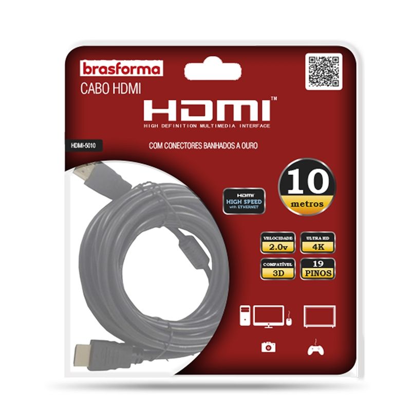 BRASFORMA - CABLE HDMI 10mts 20V 4K - 3D Ready -ARC - HDMI5010