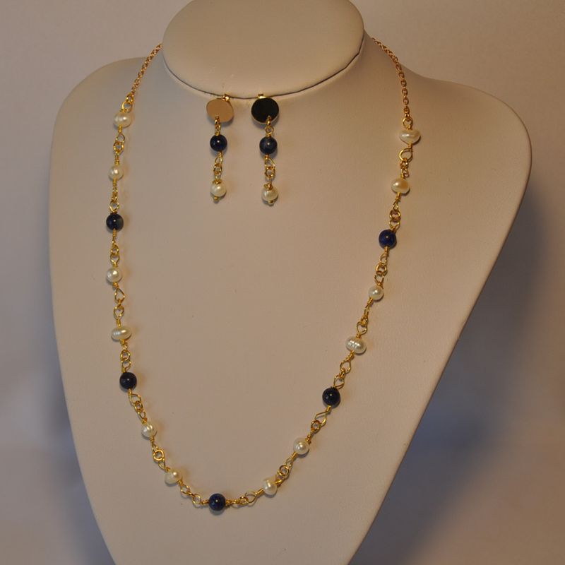 CAT JOYAS - Conjunto collar aros lapislázuli con perlas de rio