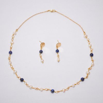 Imagen 2 del producto Conjunto collar aros lapislázuli con perlas de rio